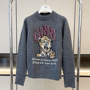 Ganni Charcoal Sweater with Tiger Graphic